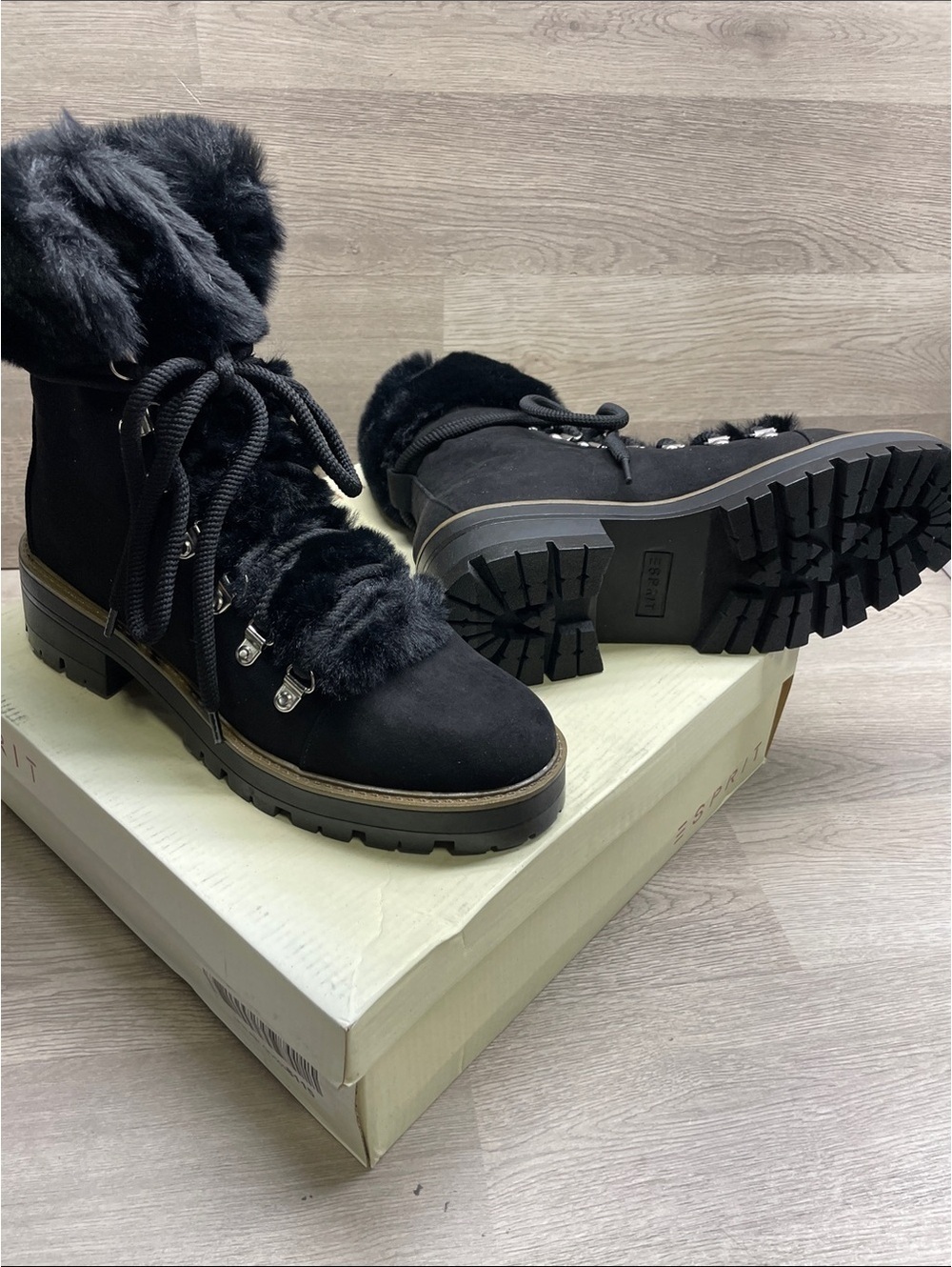 Esprit Black Faux-Fur Lace-Up Lug Boots #273